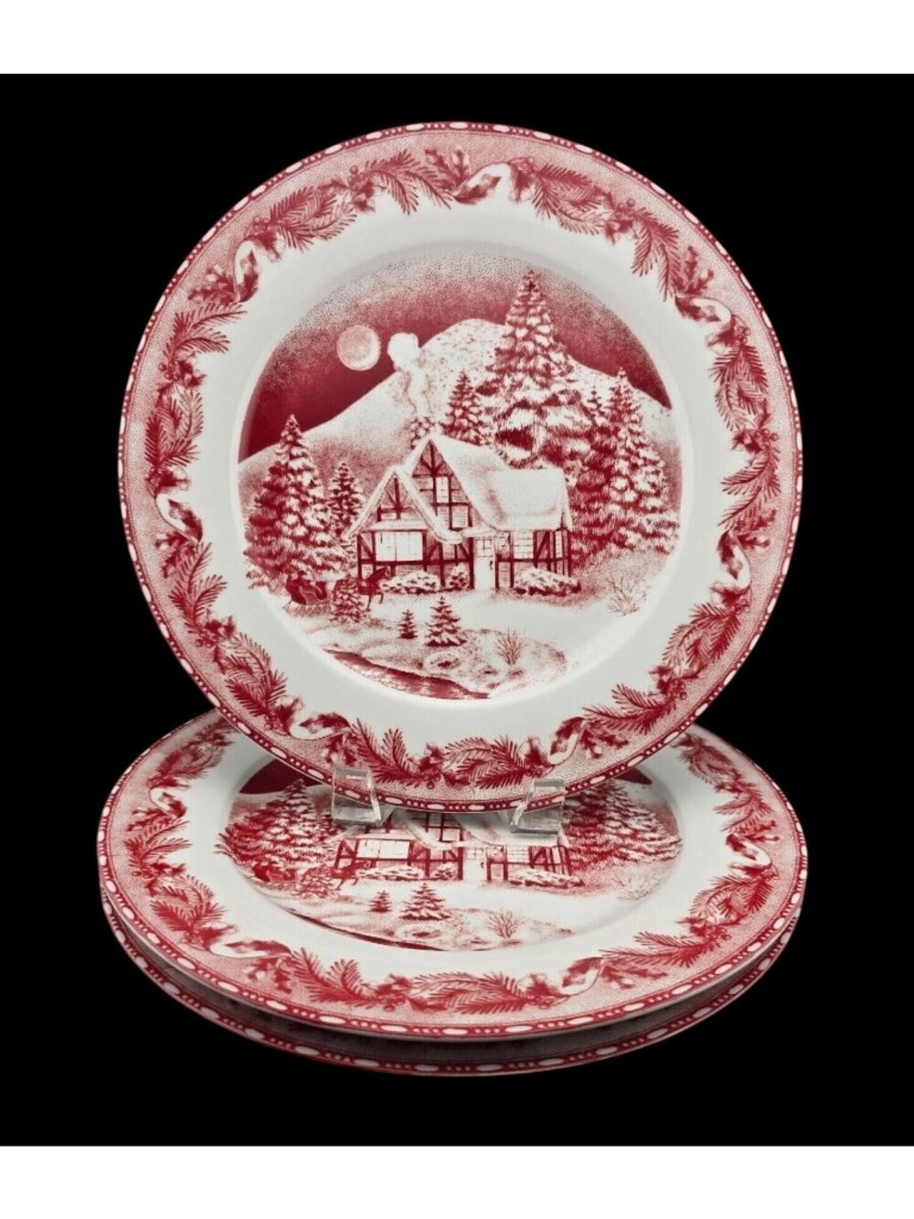 Set/4 Vintage Gibson Elite Winter Cottage Village Dinner Plate Oven Safe 10.5"